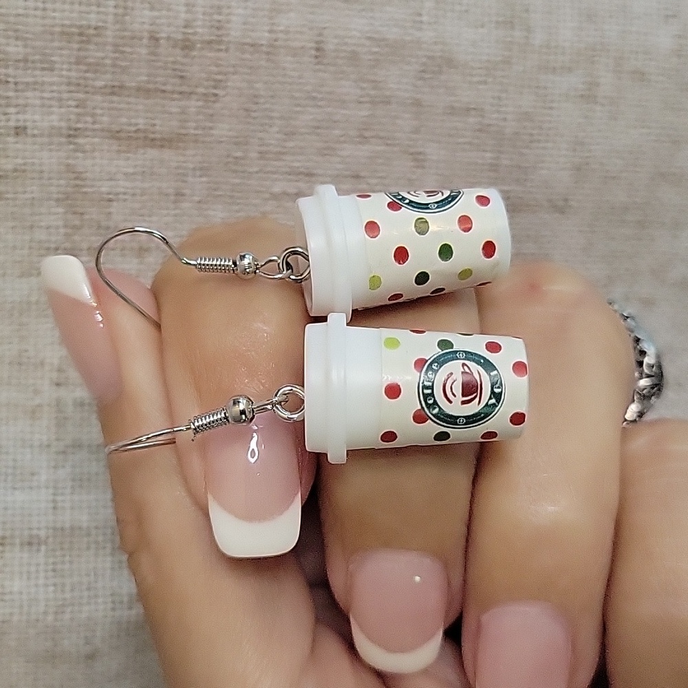 Holiday Coffee Cup Earrings with Festive Polka Dots